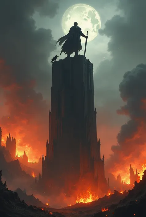 A man is holding a sword with a crow attached to the shoulder of a kanannha standing on the top of a tower in the middle of a burning one