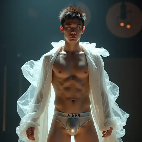  surreal,photograph, super high definition ,A muscular, wild, handsome, and fearless teenage Japanese man wearing a naked white coat and extremely transparent, extremely transparent, and extremely transparent silver boxer shorts made of extremely thin orga...