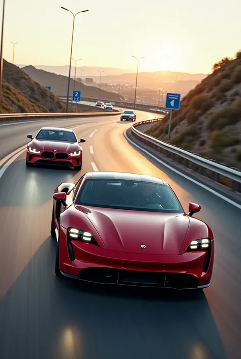 Racing with BMW on the highway, the red Porsche Taycan 