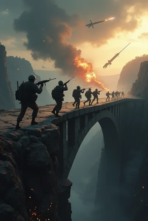 Scene 9 - Last Stand on Bridge :
 Soldiers in a final confrontation on a bridge ,  as missiles are fired from afar and the sky is filled with smoke.
