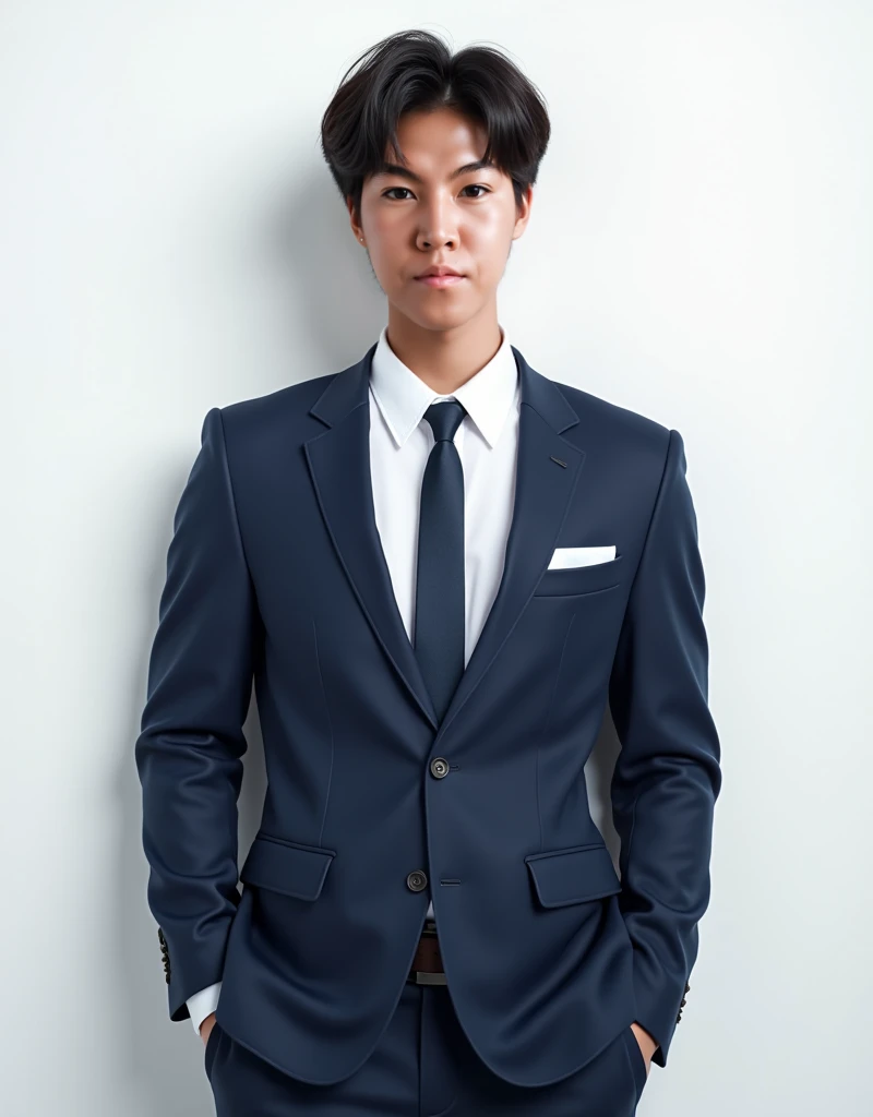 "Generate a realistic half-body image of a person for an ID card photo. The individual is wearing a white dress shirt, a navy blue suit, and a matching navy blue tie. Their hairstyle is a middle part in the style of a Korean boy band member, neat and profe...