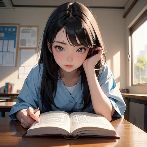 Beautiful asian girl, 1girl, Solo, is studying in her classroom. Her eyes focus on the book. Looking at the book.