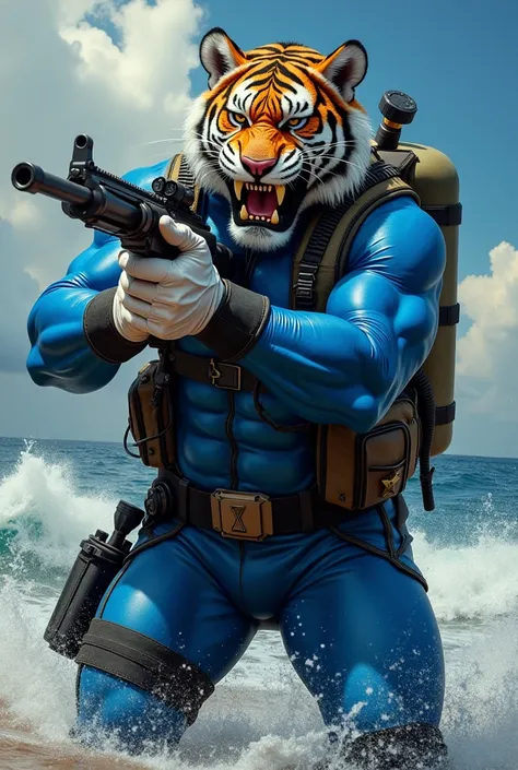 (A rugged beefy extremely muscular bulky old man), (wearing blue fullbody zipper wetsuit), (wearing realistic roaring tiger mask), shooting with rifle,  wearing bulky scuba gear, muscular physique, toned muscles, fierce, heroic, action, comic artstyle, bul...