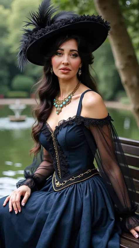   The full height of a beautiful girl with a gorgeous figure 30-37 years old, she is a countess  ,   sits on a bench next to a fountain in the palace garden  , plump lips,   red lipstick  ,  precious necklace ,    on her head in a luxurious feather hat  , ...