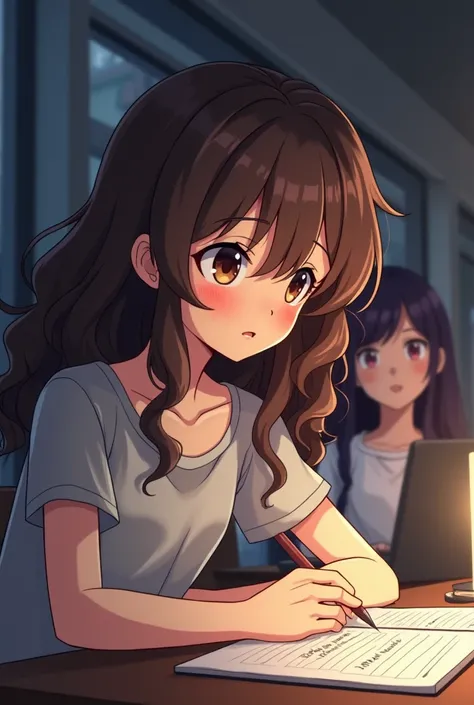  anime girl with brown curly hair and brown eyes is studying for a physics exam. she looks at her notes .  they say heat pump . Behind her, another girl with long dark hair is holding a laptop running the League of Legends game and begs her to play with it