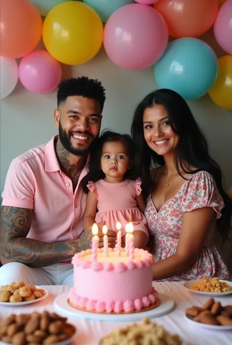 Real photo of extremely handsome heterosexual couple celebrating their little daughters birthday. He has black hair and a short beard, wears tattoos.  He wears white pants and a pink shirt .  she has long black hair ,  and wears a dress with pink flowers ....