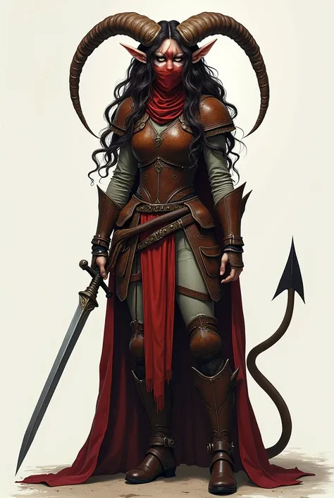  She is a Tiefling with long curly hair ,  large horns shaped like the horns of a goat , light gray medium reddish skin ,  a long, thick tail with a sharp tip like the arrow of an arrow ,  dressed in stylish leather armor with climbing props and support fo...