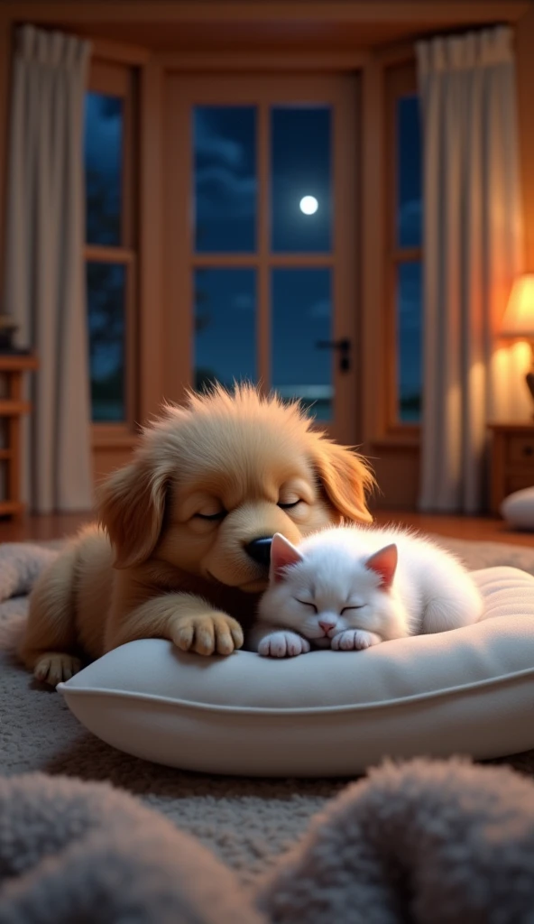 In cinematic 3D style, HD image ,realistic image ,colourful image.
Character, light brown small puppy long hair
Action,There is a huge wooden house. It is nighttime. The white baby cat and puppy are both sleeping inside house on a pillow with their eyes cl...