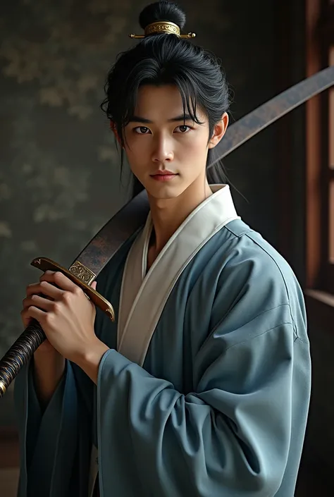 A handsome young man and a sweet smile of bright white short black hair. Wearing typical Chinese clothes.  Holding a sword in both hands 
Indoor night atmosphere 
Han Sii dynasty background