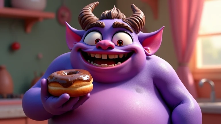 a chubby, purple demon with horns and a good-natured expression, deep look of hunger. His face is covered in chocolate frosting and he holds a delicious donut in one hand. The lighting is soft and dynamic, with a glossy finish on the characters textures, g...