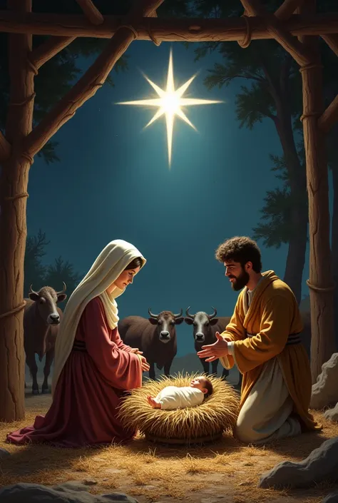  A rustic stable illuminated by a soft light coming from a bright star in the sky, visible through an opening in the ceiling .  Mary is kneeling next to a manger ,  looking at the baby Jesus with tenderness . José standing next to her ,  with an expression...