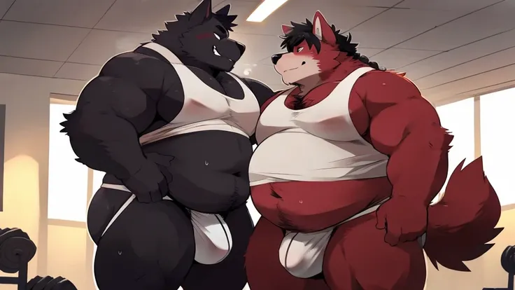 obese, furry,male , anthro obese wolf, fluffy, maroon fur, red fur, black hair, very obese, very big fat, very fat, very large, (immense massive very obese;2.5), big fat chest, big huge belly, hairy fluffy body, tail with black fluffy tip, overweight, midd...