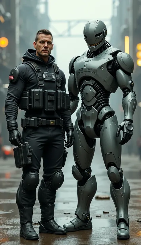 a hybrid universal soldier named scott standing next to a human like t-800  marcus