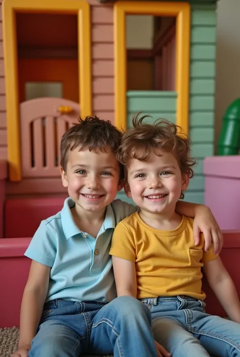 2 gay boys with high-waisted mom jeans relaxing colorful playhouse