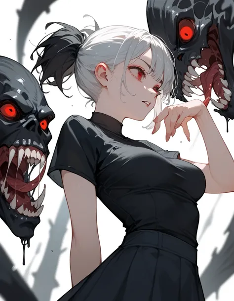 girl, white hair, in red eyes ,Short hair, medium breasts, double ponytail, black shirt, Black Skirt ,scary,Hold the black back,Black hair ends,