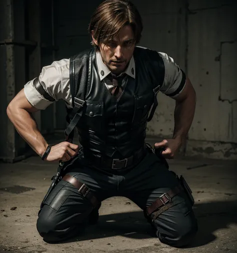 Male Leon s Kennedy tied , Cop belt, Harness, bulletproof vest, Kneeling.  With hands tied behind, tied UP, Bondage