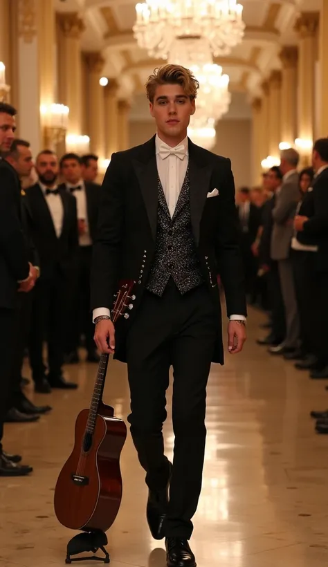 " Justin Bieber arrives at the Crystal Palace in a modern black tuxedo with shiny details .  He holds a vintage guitar in one hand and displays a confident expression , but slightly nervous . around,  guests observe him curiously as he walks through the ha...