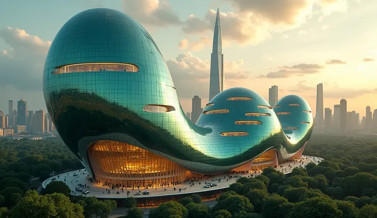 Organic bubble-shaped buildings, curved lines, futuristic architecture, emerald-black glass facades, shiny metal panels, dynamic LED lighting systems, parametric design, algorithmically generated structures, undulating roofs, cantilevered eaves, aerodynami...