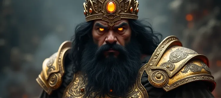 A fierce, muscular warrior with a thick black beard and long hair stares intensely at the viewer. He wears ornate golden armor adorned with intricate designs and a jeweled crown, featuring a glowing orange gem at the center. His eyes emit a bright orange g...