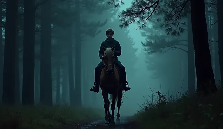 The mare on the dark forest trail 
" A young man riding a fast mare on a dark trail in the middle of an enclosed forest. The scene takes place at night,  with tall trees and mysterious shadows everywhere .  The young man holds a bag of coffee grounds while...