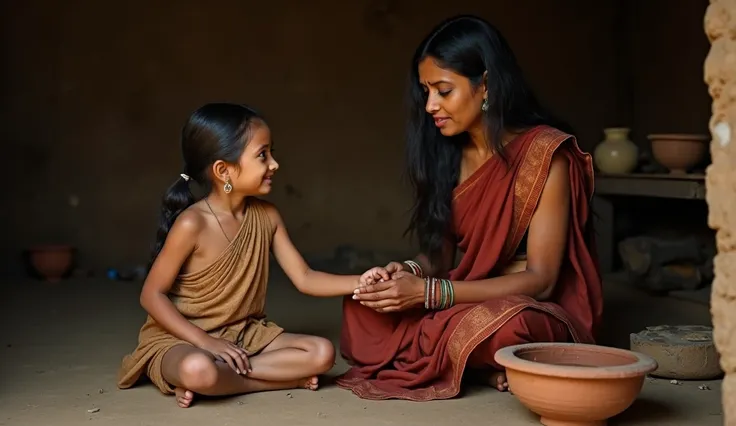 Woman in her 30s, wearing simple, traditional clothing with a calm, nurturing expression.Caring, strong, patient, and loving. in a simple saree, sitting on the floor of a mud hut. 
Small girl, around 2-, with long black hair, bright eyes full of dreams, we...