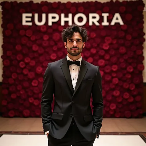 Realistic image,Francisco Lachowsky., a young man, 24 years old, square face, dark skin, eyes,wavy and messy dark hair,trimmed beard, short brown hair, muscular with a black suit a scene from A large-scale stylized backdrop for a gala. A deep, rich wall of...