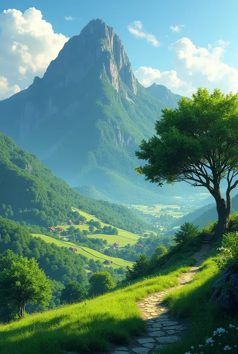  create a view of the village , there is a big green mountain ,  some peoples houses are visible in the distance and then there is a big green lush tree where to shelter from the sun. Make it Realistically 