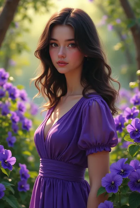 One with wavy hair dark eyes fair skin purple dress in a garden with violets Realistic