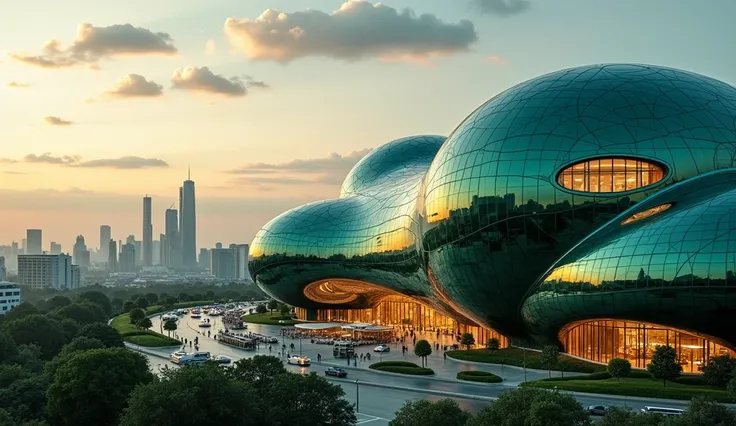 Organic bubble-shaped buildings, curved lines, futuristic architecture, emerald-black glass facades, shiny metal panels, dynamic LED lighting systems, parametric design, algorithmically generated structures, undulating roofs, cantilevered eaves, aerodynami...