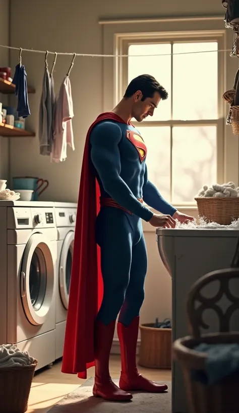 A realistic scene of Superman in a humble laundry room, wearing a casual outfit with his iconic red cape tucked behind him. He stands at a large laundry sink, his superhuman strength effortlessly scrubbing clothes by hand. The bright, warm glow of the room...