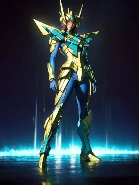   full body shot ,  very detailed, Full Body Outfit 、Colors inspired by Gundam..、8k,  actual photo , Impressive lighting,  dynamic action pose, Great energy effect, Gold and blue color palette,  Simple costume design , advanced technology, Heroic and power...