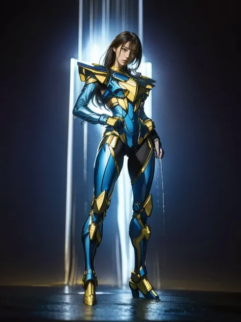   full body shot ,  very detailed, Full Body Outfit 、Colors inspired by Gundam..、8k,  actual photo , Impressive lighting,  dynamic action pose, Great energy effect, Gold and blue color palette,  Simple costume design , advanced technology, Heroic and power...