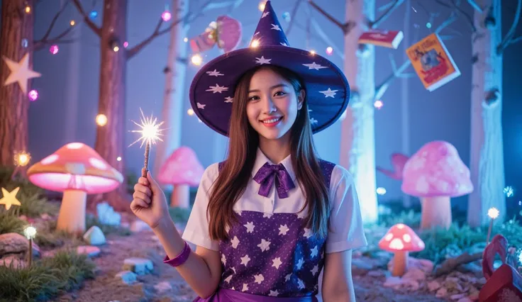 A cheerful high school girl dressed as a playful witch. She is holding a sparkling wand surrounded by glowing orbs, bouncing stars, and animated books flying around her. The background is a dreamy forest with sparkly trees, floating crystals, and whimsical...