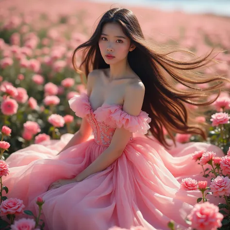 Sitting on the flowers poses, most beautiful flowers, she have Korean face, hot body, large breast,pink eyes, absurdle long hair, hair is flying, entire background is surrounded by flowers, wearing most expensive rabies dress,