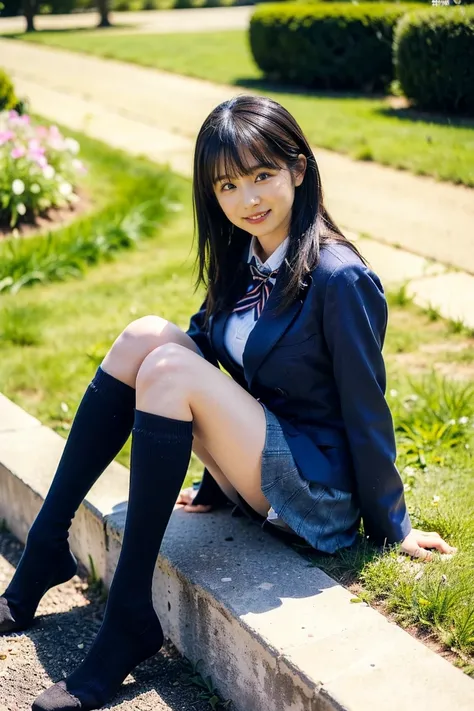 (8k, RAW photos, best quality, masterpiece:1.2), (Realistic:1.2)、1 girl, 19 years old, (High school uniform:1.2), (Navy blue blazer, smile, ties, uniform, shirt, Checked miniskirt, (black knee-high socks:1.4), (large breasts:1.4), medium hair, (composition...