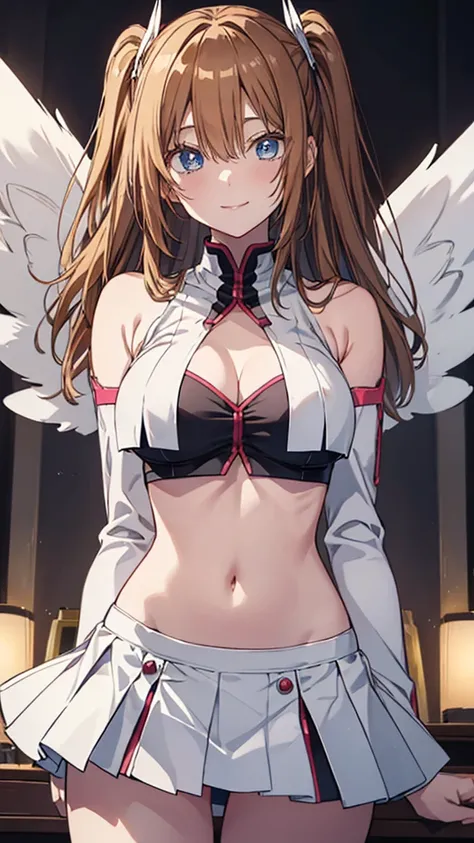 Liliel、 blue eyes、 light brown hair、 long hair、 two side up 、 Big Breasts 、 slender、( WHITE CROP TOP )、Bare shoulders、 cleavage、(Underboob)、abdomen、belly button、(white mini skirt)、Thighs、Angel Wings、smile、masterpiece、Noise Reduction、 Perfect Anatomy、 high ...