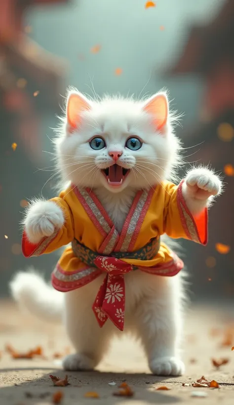 White kitten dressed as Matsuken Samba on stage　 the background is blurry 　 big eyes　 blue eyes　Very wild 