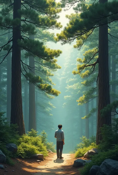 there is a man standing on a path in the woods, a picture inspired by Kim Myeong-guk, unsplash, shin hanga, with matsu pine trees, in front of a forest background, in front of an amazing forest, standing in the forrest, trees in the background, in japanese...