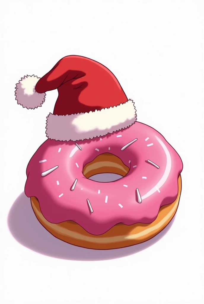 Make a donut. It need to be realistic but also anime. It need to be magenta and have a Christmas hat on. The donut need to be magenta. The bag needs to be white. Make it simple and clean