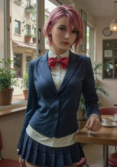  absurd, masterpiece, best quality, very aesthetic, 1 girl, solo,
 ChopioAira, short hair, pink hair, swept bangs, hair between eyes, lips, pink eyes, Looking at viewer, 
medium breasts, narrow waist,
outfit_1, blazer, blue jacket, collared shirt, red bow ...