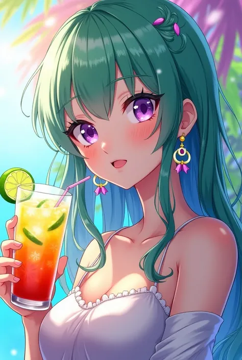 "An anime-style portrait of a young woman with long, flowing green, blue, and white hair, purple eyes, and stylish earrings. She holds a colorful drink with lime and ice in a transparent glass. The background is bright and pastel, with a dreamy, vibrant su...