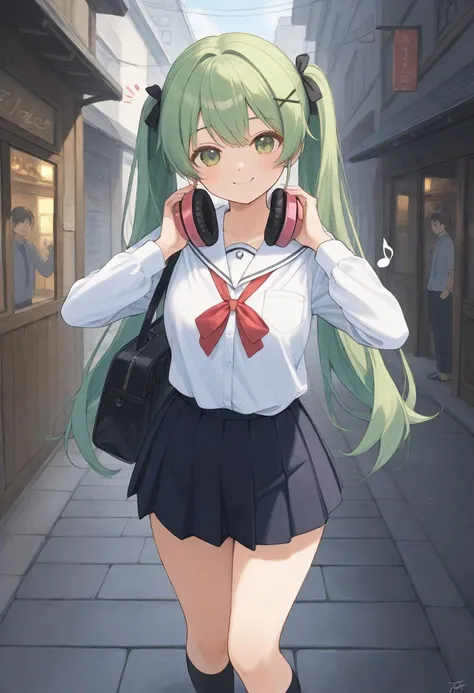 （masterpiece,） （  Details）、 High Quality 、 high res、JK Costume、 school uniform、 One beautiful girl 、hatune friend, Long Twintail Hair 、 touching headphones with one hand、 green hair 、 green eyes、１８Age Girl、 ヘッドフォンをつけてlisten to music 、smile、Xihua Street、、 h...