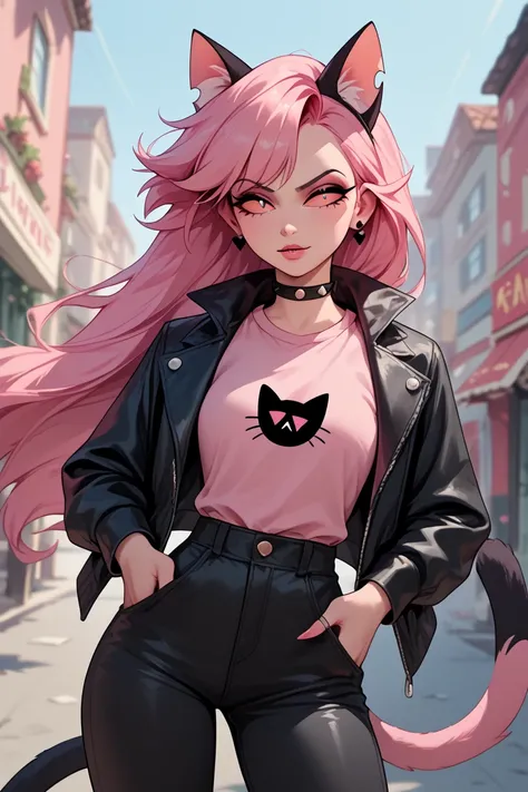 1girl, pink hair, long hair, Black leather jacket, Black pants, pink shirt,cat ears, tail cat, fringe pink, Bangs, medium breats, helluva Boss style, Cartoon,