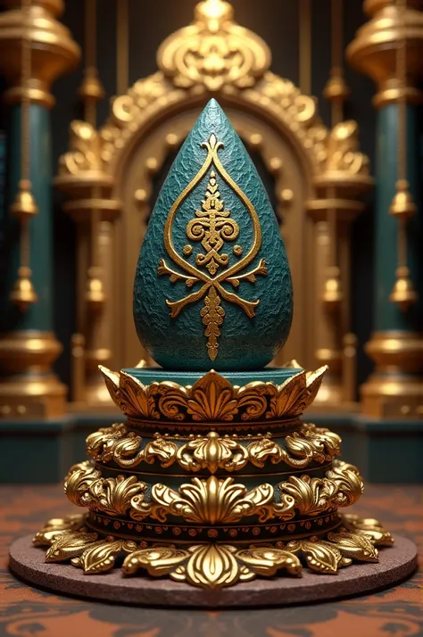 A meticulously detailed, 3D-rendered representation of a Hindu deitys lingam.  The lingam is a dark teal-blue color, with intricate golden carvings and symbols adorning its surface.  Gold decorative elements, resembling floral patterns and ornate designs, ...