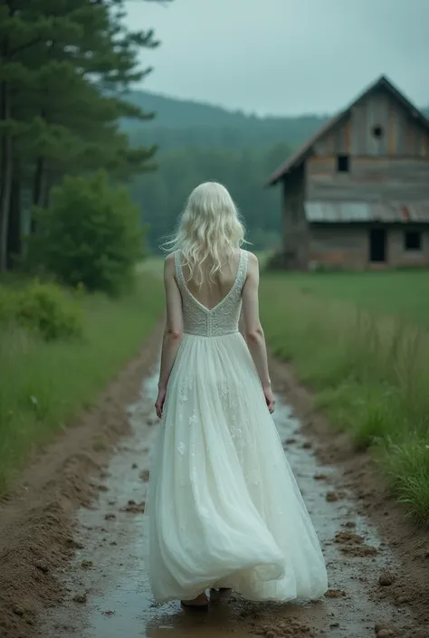 A real close-up photograph of a porcelain-white skinned woman wearing a long white dress, she is walking on a muddy road, trees, in the background a scrombus of a building, a cinematic style --v 6.0 --s