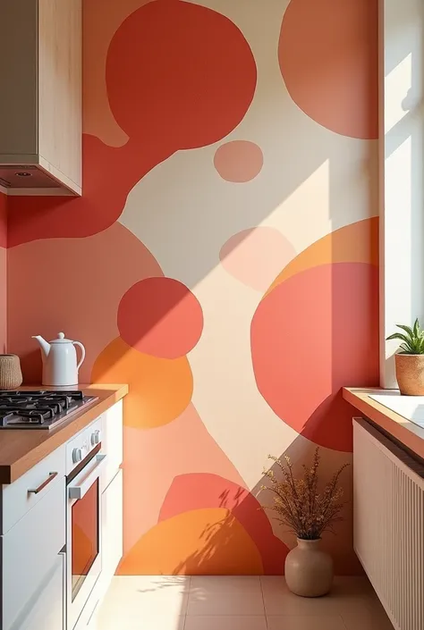 kitchen mural wall, with warm colors and terracota pink beige, abstract circles with unregulated shapes