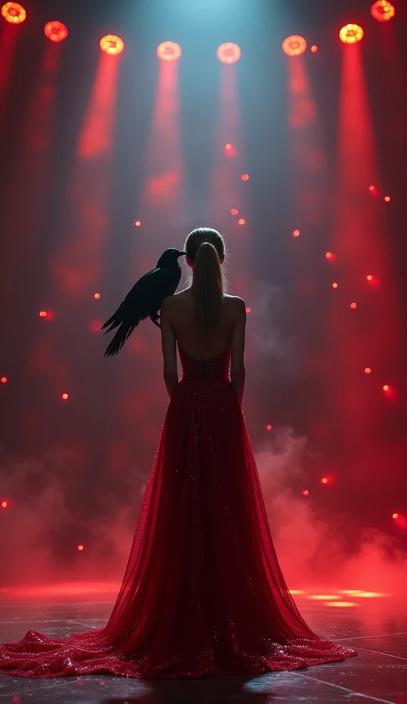 "A vibrant stage illuminated by dramatic spotlights in a mystical atmosphere. At the center stands a graceful woman in a flowing scarlet red gown with shimmering black accents, performing a mysterious act with a black raven perched on her shoulder. The rav...