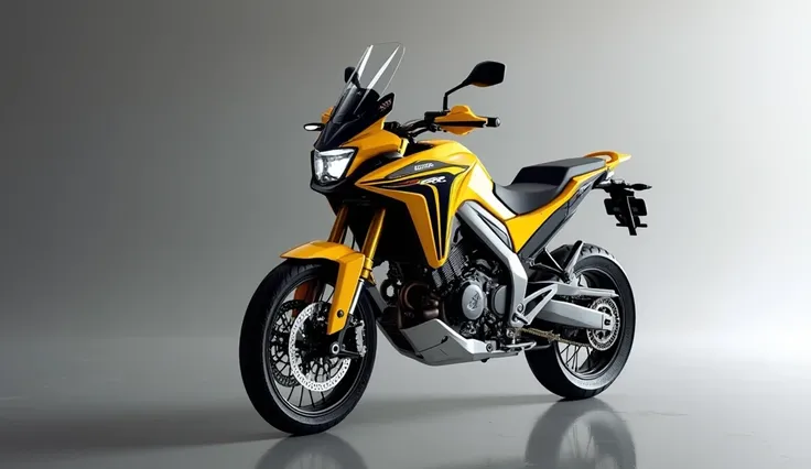 Generate a high-resolution, fully realistic image of a ( 2025 Honda Africa twin crf 1100L ) in ( Color ) yellow , with a sleek and modern exterior, futuristic wheels, and a shimmering body color, displayed in a luxurious showroom.The image should be highly...