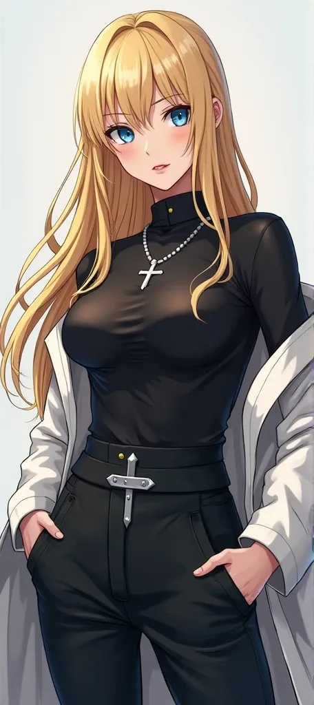  highest quality,  very detailed, masterpiece,  anime style . a woman ( long blond hair ,  Blue Eyes)  she is wearing a black shirt with a white coat, A pair of black pants,  a large silver cross cord , Cold, angry look. .1 , Solo, Cabelo comprido, Cabelo ...