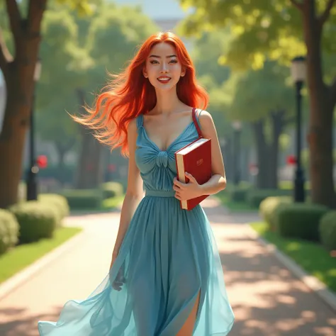 (best quality,4k,8k,highres,masterpiece:1.2),ultra-detailed, Chinese vixen spirit Su Daji from Fengshen Yanyi as a college student, red haired Chinese college student of Han decent, waking around campus, carrying books to and from classes, smiling flirtati...